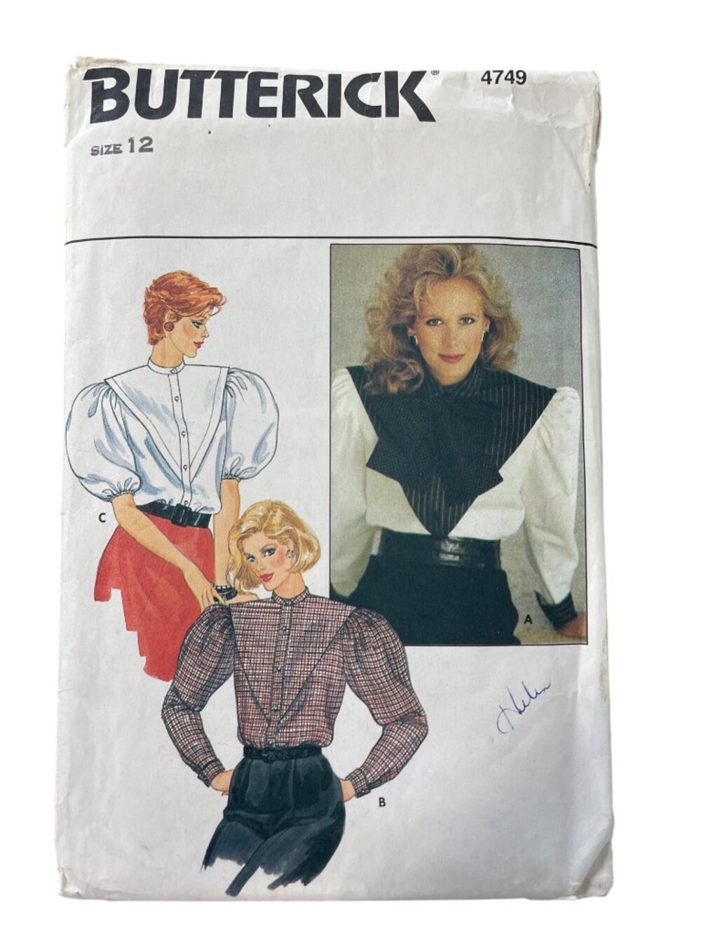 Vintage 80s Butterick 4749 Sewing Pattern Size 12 Blouses Puff Tie Retro UNCUT
